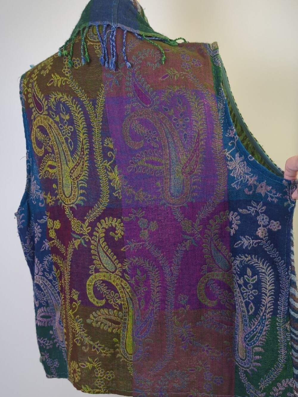 Anu by Natural 100% Wool Paisley Patchwork Beaded Boho Draped Vest Green Blue XL - Picture 8 of 16